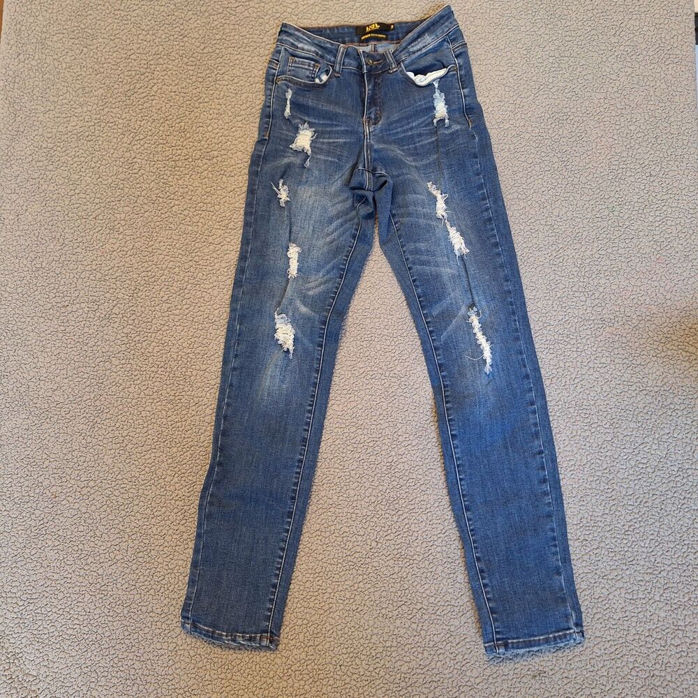 L&B LUCKY & BLESSED Jeans Boyfriend Stretch Denim Blue Pants Distressed Size 2